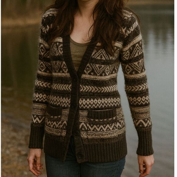 Juicy Couture Mohair Wool FAIR AISLE V NECK CARDIGAN Button Front Size M BROWN - Picture 1 of 6
